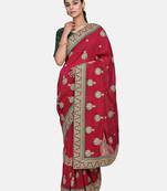 Wine embroidered silk blend saree with blouse