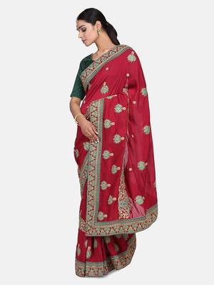 Wine embroidered silk blend saree with blouse 3