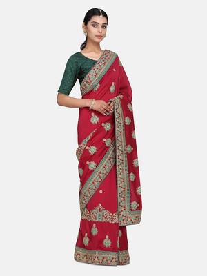 Wine embroidered silk blend saree with blouse 4