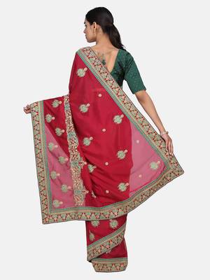 Wine embroidered silk blend saree with blouse 5