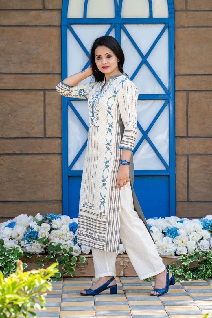 Grey printed cotton kurtas-and-kurtis