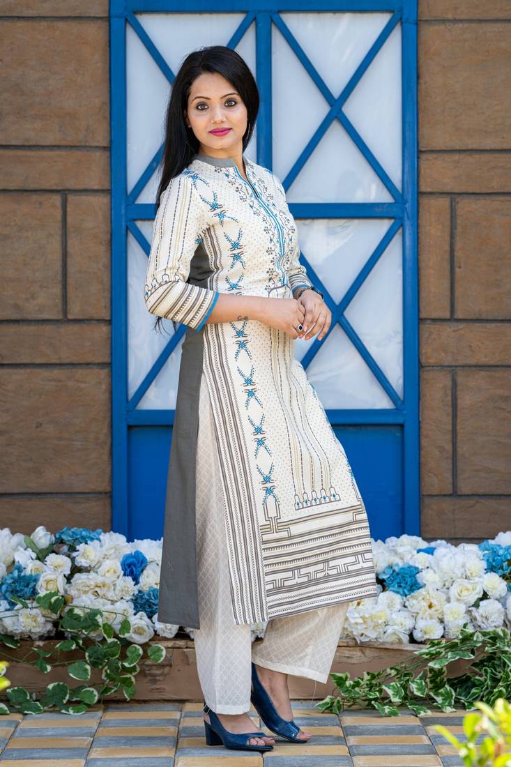 Grey printed cotton kurtas-and-kurtis