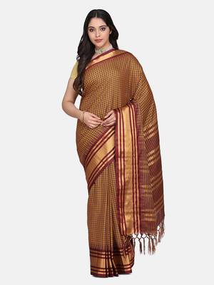 Yellow And Maroon Woven Art Silk Saree With Blouse 3