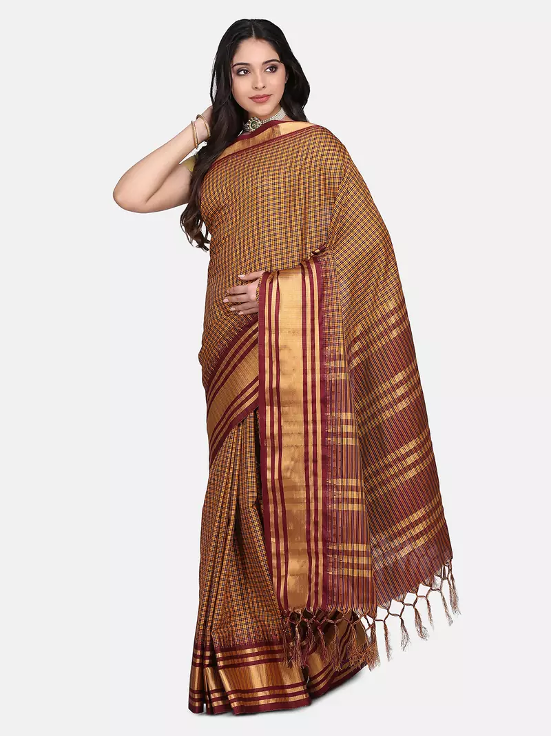 YELLOW AND MAROON WOVEN ART SILK SAREE WITH BLOUSE