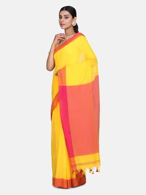 Yellow Plain Work Khadi Cotton Handloom Saree With Blouse 1