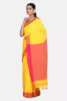 Yellow Plain Work Khadi Cotton Handloom Saree With Blouse
