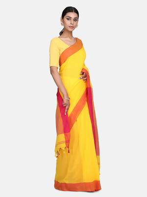 Yellow Plain Work Khadi Cotton Handloom Saree With Blouse 3