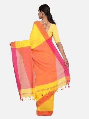 Yellow Plain Work Khadi Cotton Handloom Saree With Blouse 4