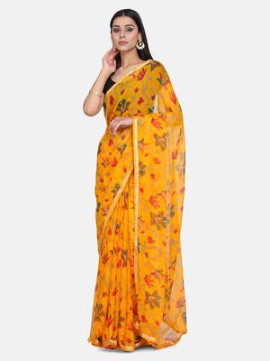 Yellow Printed Chiffon Saree With Blouse 1