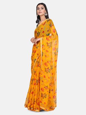 Yellow Printed Chiffon Saree With Blouse 3