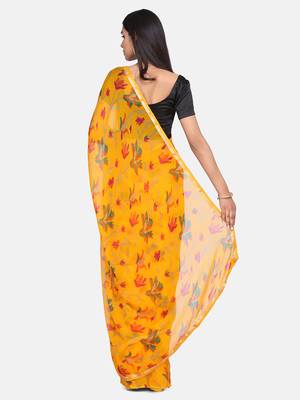 Yellow Printed Chiffon Saree With Blouse 4