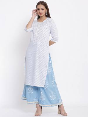 POSAKA Womens Rayon Embroidered and Printed Straight Kurta Palazzo Set (White) 1