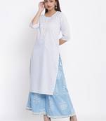 POSAKA Womens Rayon Embroidered and Printed Straight Kurta Palazzo Set (White)