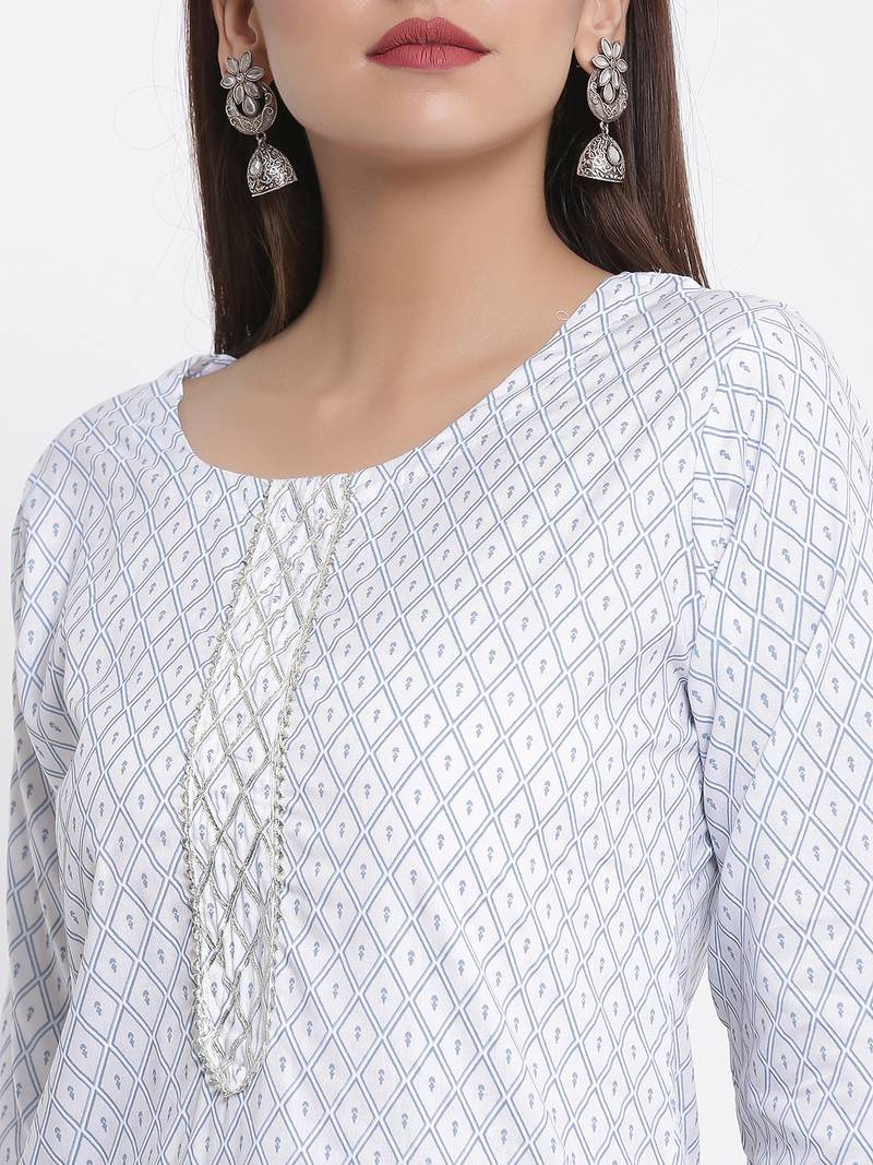 POSAKA Womens Rayon Embroidered and Printed Straight Kurta Palazzo Set (White)