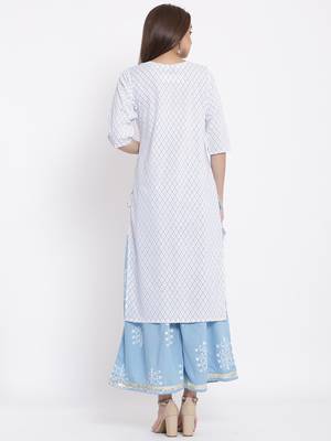 POSAKA Womens Rayon Embroidered and Printed Straight Kurta Palazzo Set (White) 3