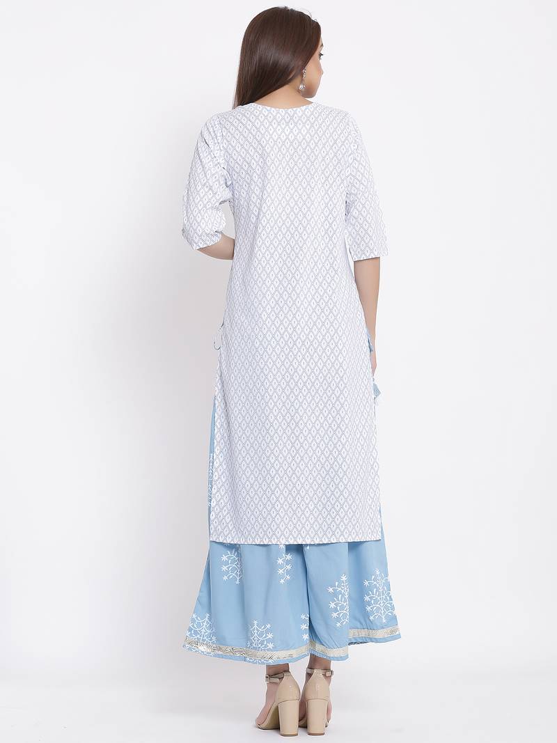 POSAKA Womens Rayon Embroidered and Printed Straight Kurta Palazzo Set (White)