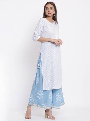 POSAKA Womens Rayon Embroidered and Printed Straight Kurta Palazzo Set (White) 4