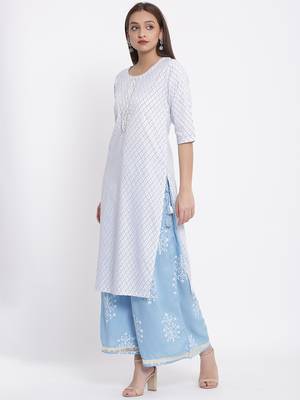 POSAKA Womens Rayon Embroidered and Printed Straight Kurta Palazzo Set (White) 5