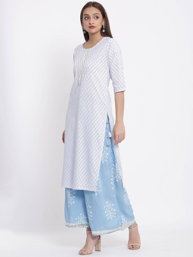 POSAKA Womens Rayon Embroidered and Printed Straight Kurta Palazzo Set (White)