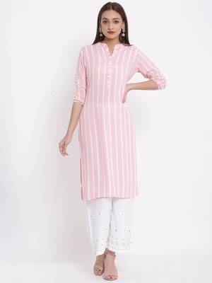 POSAKA Womens Rayon Stripe Print Straight Kurta Palazzo Set (Pink) 1