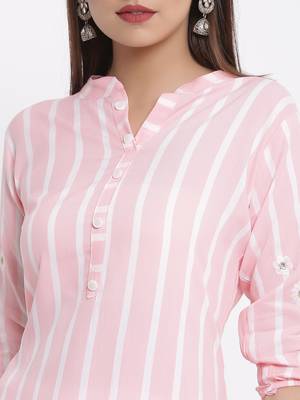 POSAKA Womens Rayon Stripe Print Straight Kurta Palazzo Set (Pink) 2