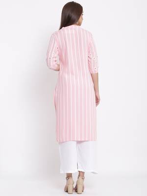 POSAKA Womens Rayon Stripe Print Straight Kurta Palazzo Set (Pink) 3