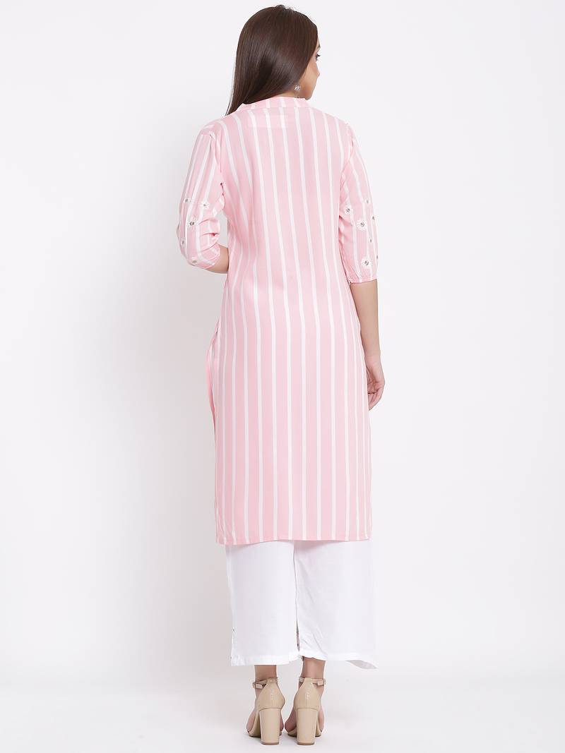 POSAKA Womens Rayon Stripe Print Straight Kurta Palazzo Set (Pink)
