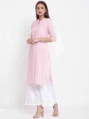 POSAKA Womens Rayon Stripe Print Straight Kurta Palazzo Set (Pink) 4