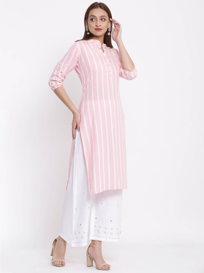 POSAKA Womens Rayon Stripe Print Straight Kurta Palazzo Set (Pink)