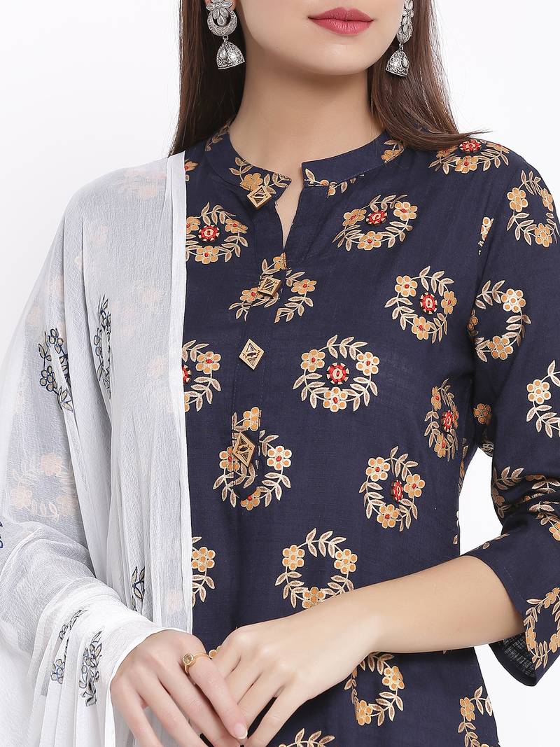 POSAKA Womens Rayon Printed Straight Kurta Palazzo Dupatta Set (Navy Blue)