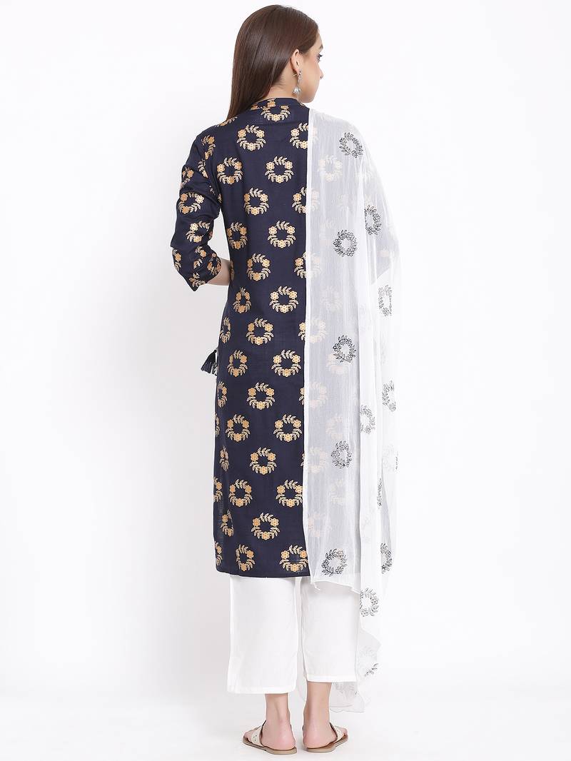 POSAKA Womens Rayon Printed Straight Kurta Palazzo Dupatta Set (Navy Blue)