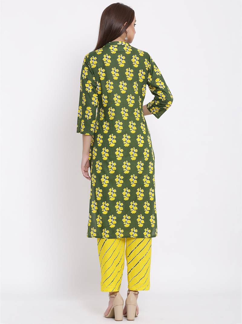 POSAKA Womens Cotton Cambric Printed Straight Kurta Palazzo Set (Green)