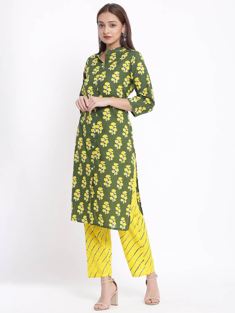 POSAKA Womens Cotton Cambric Printed Straight Kurta Palazzo Set (Green)
