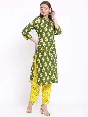 POSAKA Womens Cotton Cambric Printed Straight Kurta Palazzo Set (Green) 5