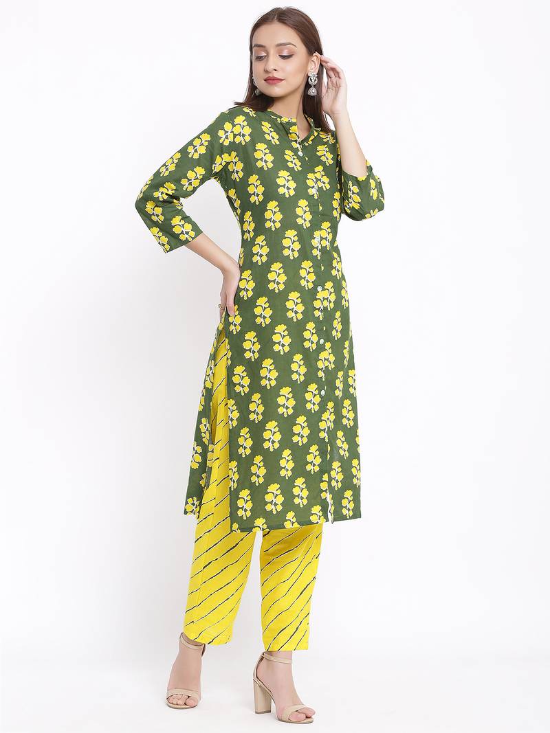 POSAKA Womens Cotton Cambric Printed Straight Kurta Palazzo Set (Green)