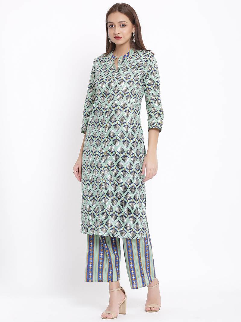 POSAKA Womens Cotton Cambric Printed Straight Kurta Palazzo Set (Multi Color)