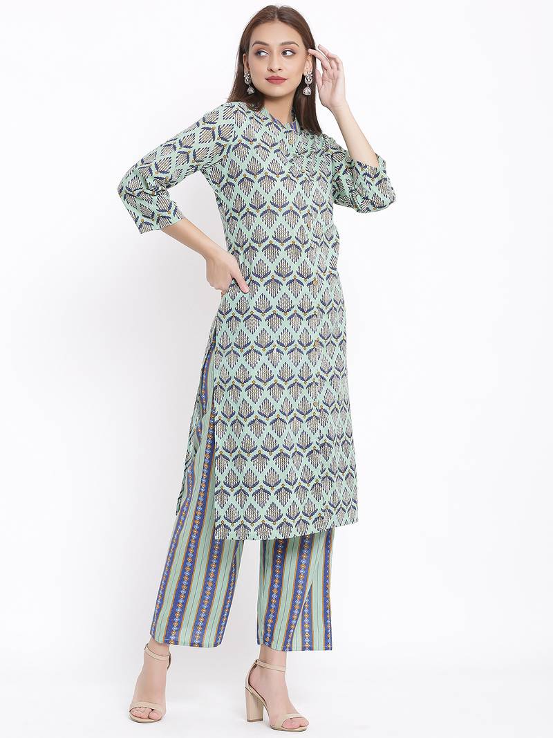 POSAKA Womens Cotton Cambric Printed Straight Kurta Palazzo Set (Multi Color)