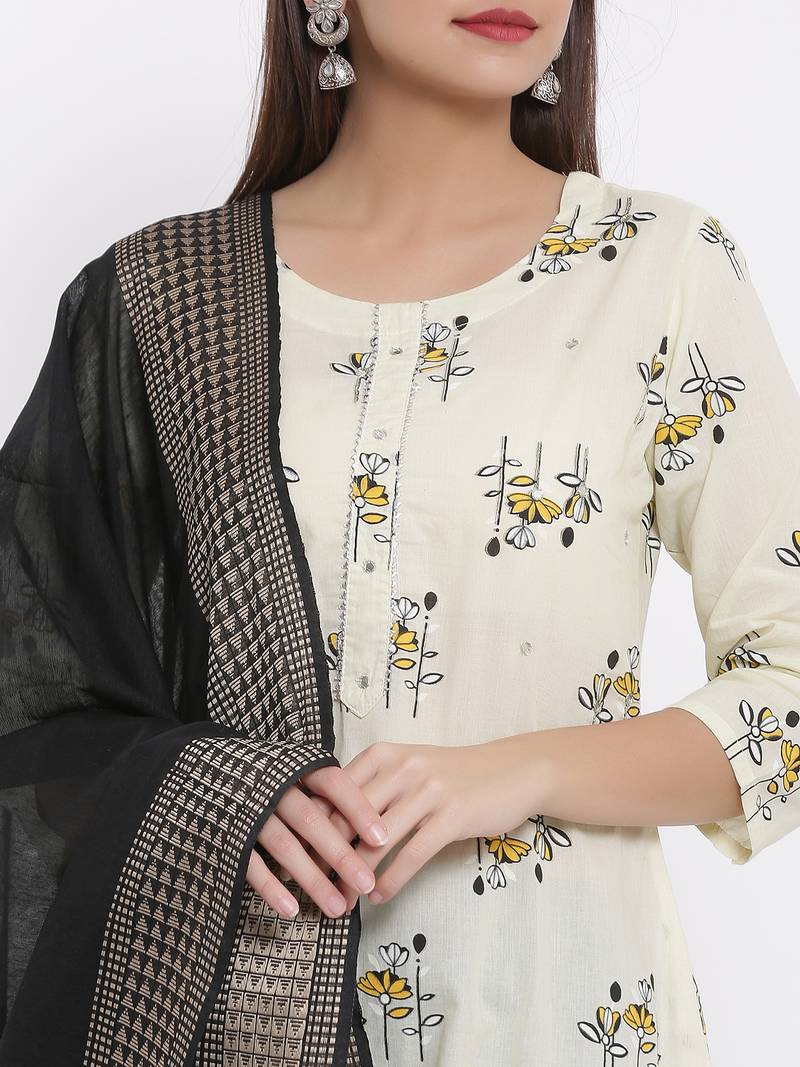 POSAKA Womens Cotton Printed Straight Kurta Palazzo Dupatta Set (Off White)