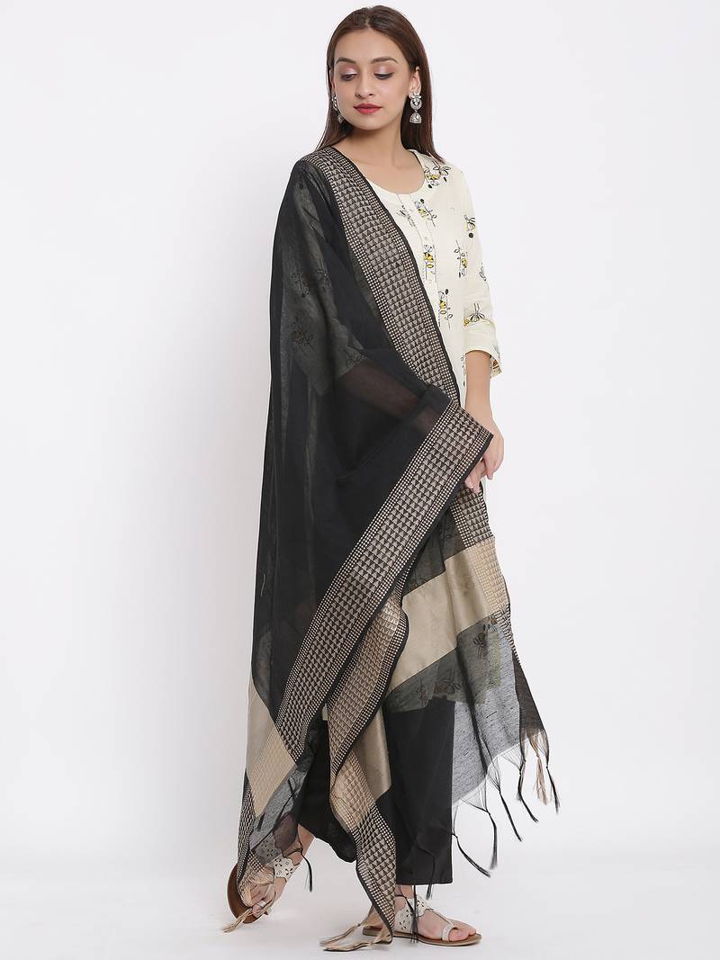 POSAKA Womens Cotton Printed Straight Kurta Palazzo Dupatta Set (Off White)