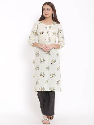 POSAKA Womens Cotton Printed Straight Kurta Palazzo Dupatta Set (Off White) 5