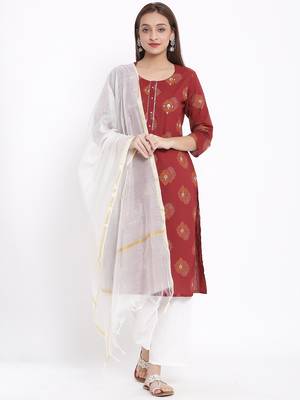 POSAKA Womens Cotton Printed Straight Kurta Palazzo Dupatta Set (Maroon) 1