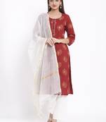 POSAKA Womens Cotton Printed Straight Kurta Palazzo Dupatta Set (Maroon)