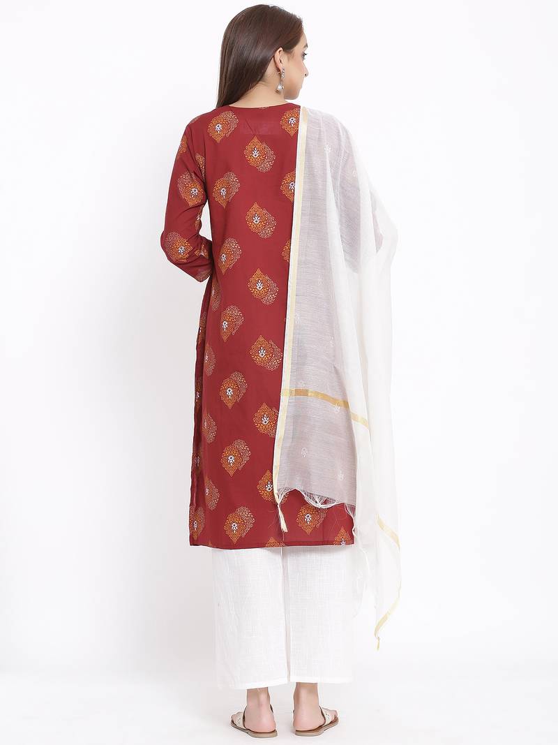 POSAKA Womens Cotton Printed Straight Kurta Palazzo Dupatta Set (Maroon)