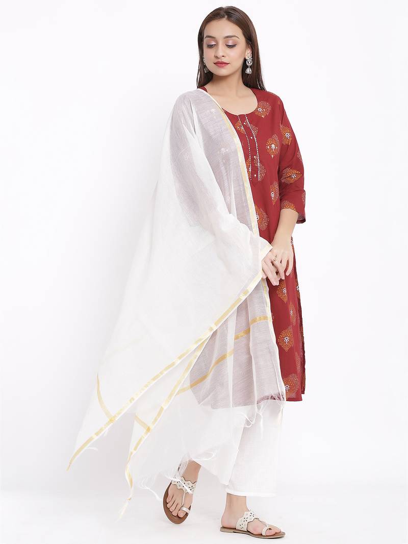 POSAKA Womens Cotton Printed Straight Kurta Palazzo Dupatta Set (Maroon)