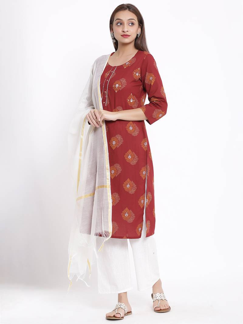 POSAKA Womens Cotton Printed Straight Kurta Palazzo Dupatta Set (Maroon)