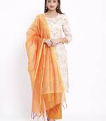 POSAKA Womens Cotton Printed Straight Kurta Palazzo Dupatta Set (Off White)