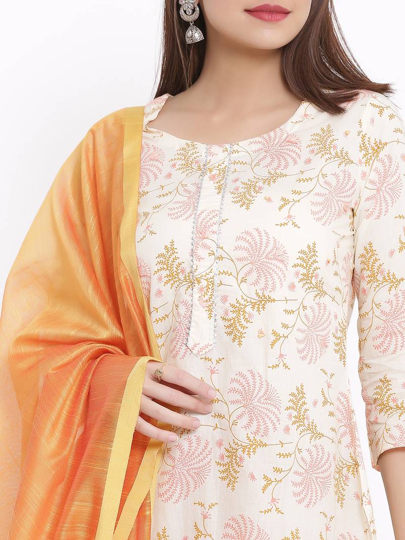 POSAKA Womens Cotton Printed Straight Kurta Palazzo Dupatta Set (Off White)