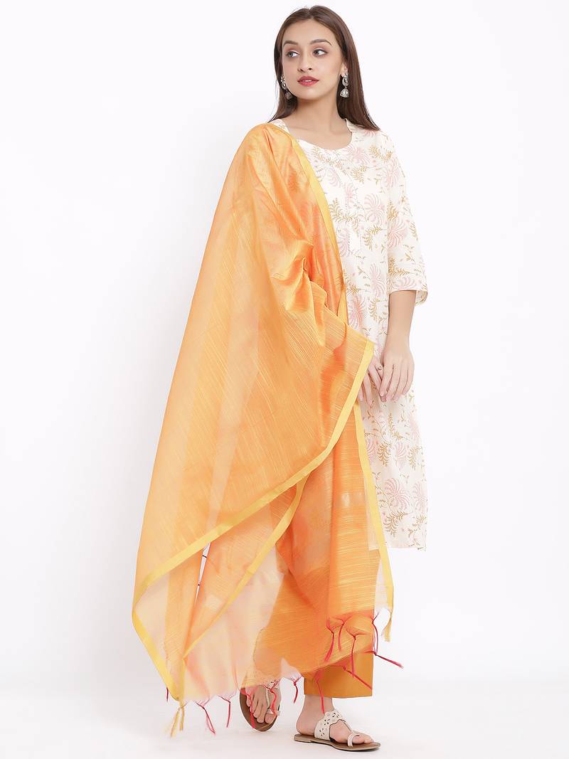 POSAKA Womens Cotton Printed Straight Kurta Palazzo Dupatta Set (Off White)