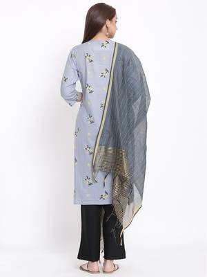 POSAKA Womens Cotton Printed Straight Kurta Palazzo Dupatta Set (Grey) 3