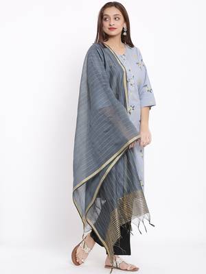 POSAKA Womens Cotton Printed Straight Kurta Palazzo Dupatta Set (Grey) 4